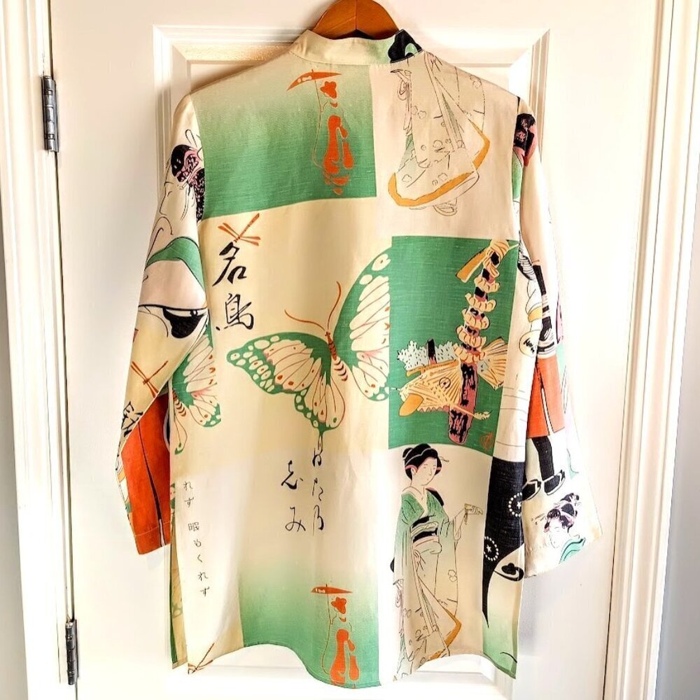 Citron Santa Monica Asian Butterfly Pastel Silk Linen Shirt - Picture 2 of 6